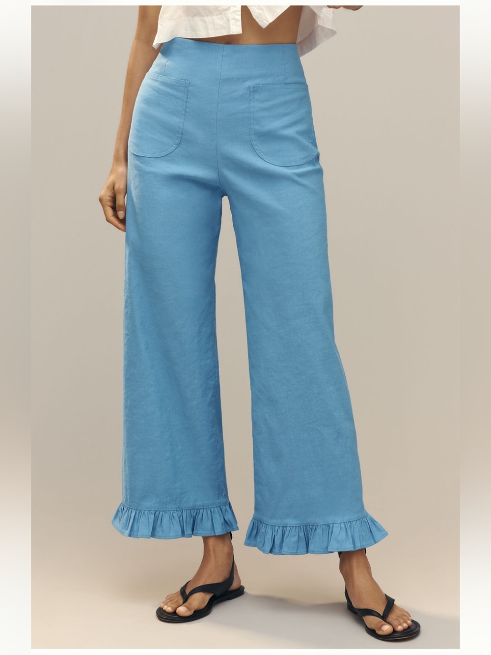 NWOT Maeve Colette Ruffle-Hem High-Rise Wide-Leg Pants in Magic Fabric